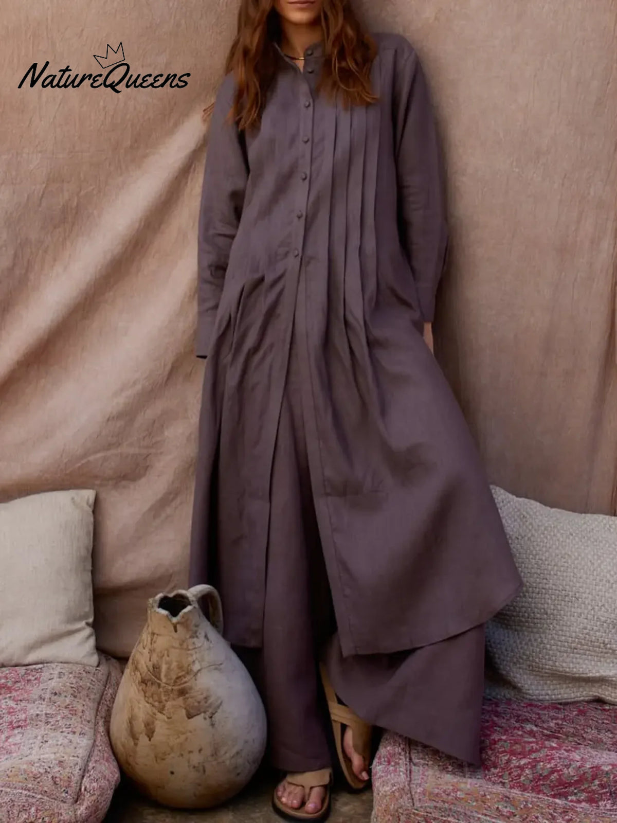 Women's Comfortable Linen And Cotton Extra-long Shirt And Pants Two-piece Set