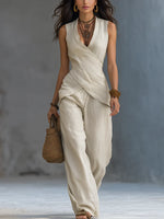 Women's Cross-design Top And Wide-leg Pants Cotton-linen Set