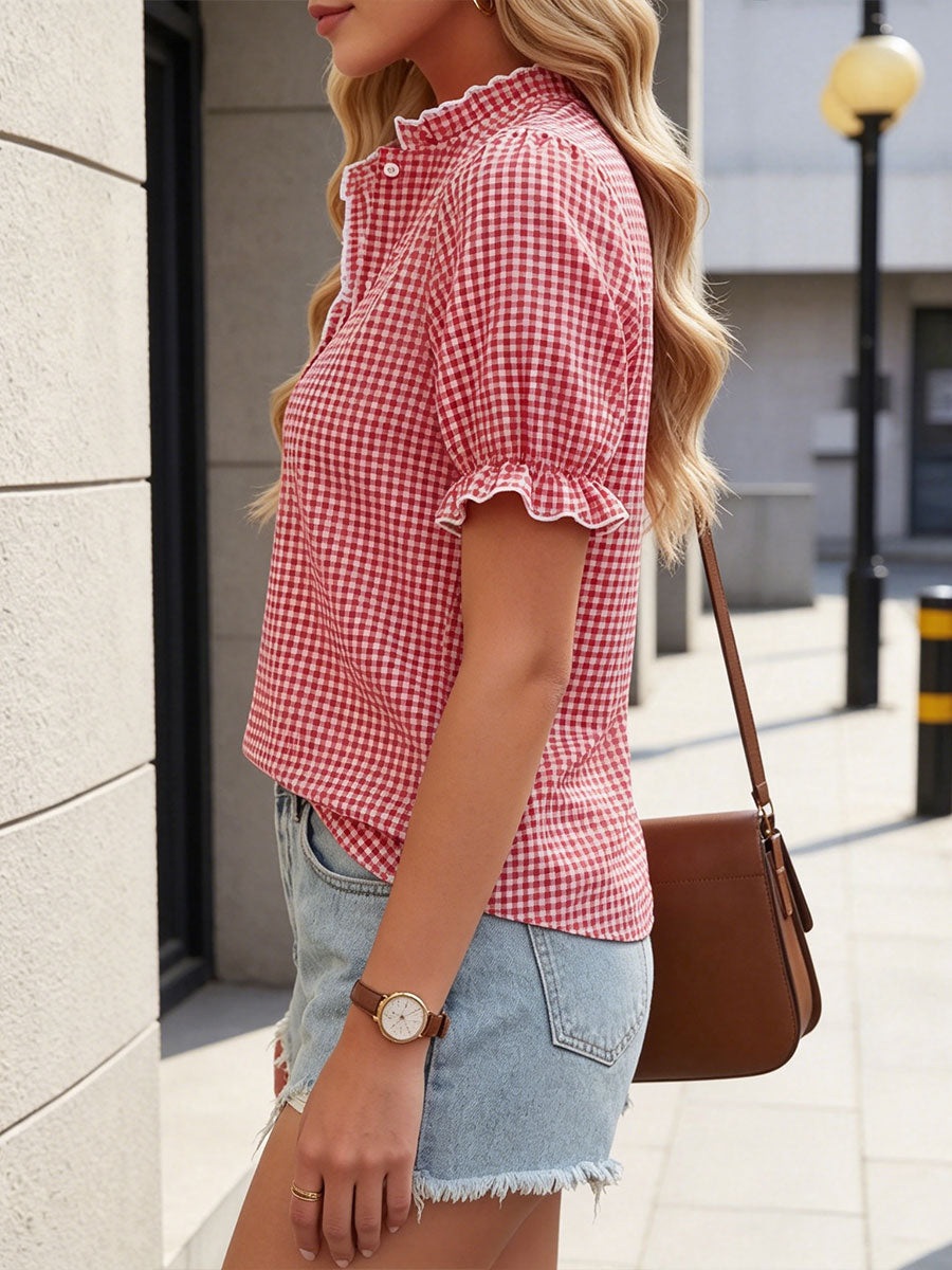 Women's Ruffled Stand Collar Plaid Short-sleeve Shirt
