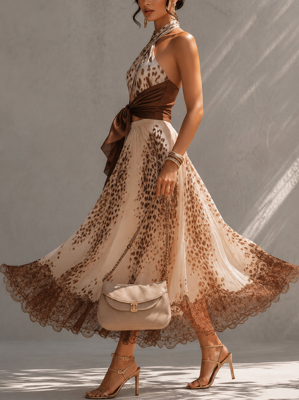 Gradient Leopard Print Halter Tie-Strap Top + Pleated Lace-Paneled Skirt Set