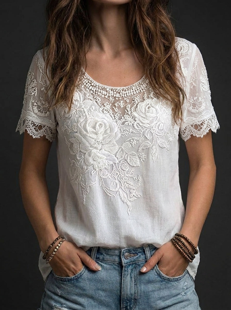 Women's Rose Embroidery Art Crew Neck Short Sleeve Linen Blend T-shirt