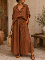 Women's Solid-color Set: Collared Loose-fit Cotton-linen Cardigan With 3/4 Sleeves & High-waisted Wide-leg Trousers