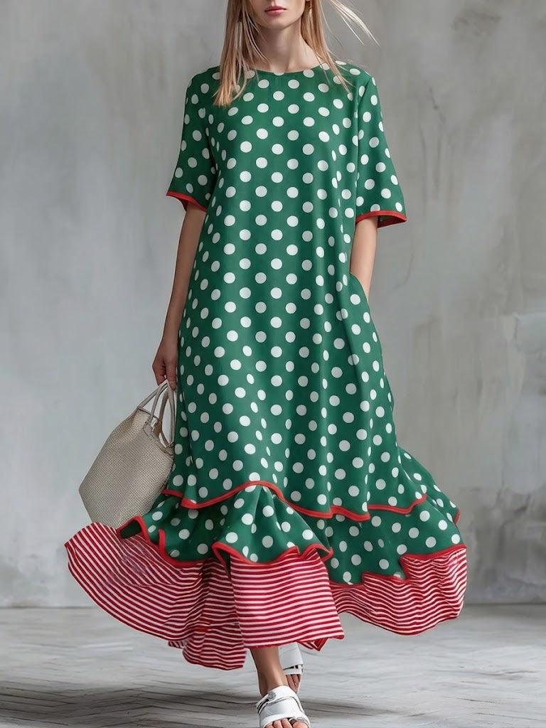 Casual Short-sleeve Dress With Polka-dot Print And Ruffled Hem