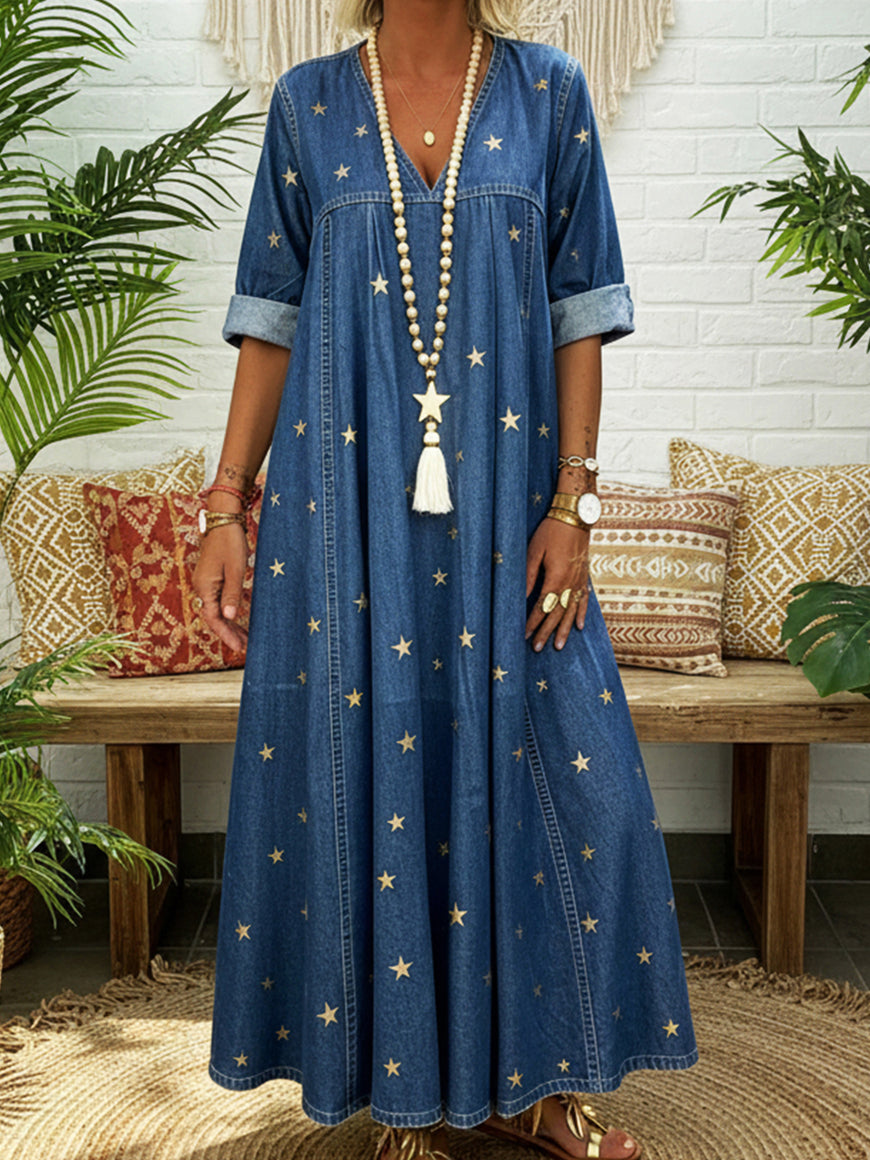 Casual Gold Star Print 100% Cotton Denim Dress