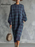 Women's Plaid Print Round Neck Long-sleeved Casual Loose Knit Dress