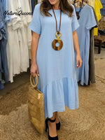 Women's Solid Color Round Neck Short-sleeved Casual Loose Ruffled Linen Dress