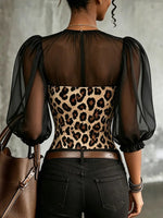 Leopard Print Sheer Mesh Puff Sleeve Keyhole Neck Top