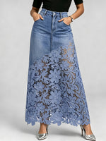 Elegant & Sexy Denim Skirt With Floral Lace Hem