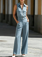 Sleeveless Linen Workwear-style Wide-leg Pants Set