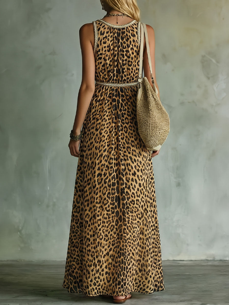 Women's Elegant Leopard Print V-neck Sleeveless A-line Dress