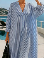 Women's Retro Striped Art Casual Vacation Cotton Linen Maxi Dress
