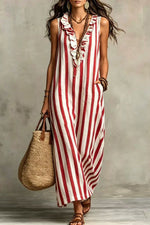 Women's Retro Striped Ruffle Sleeveless Dress