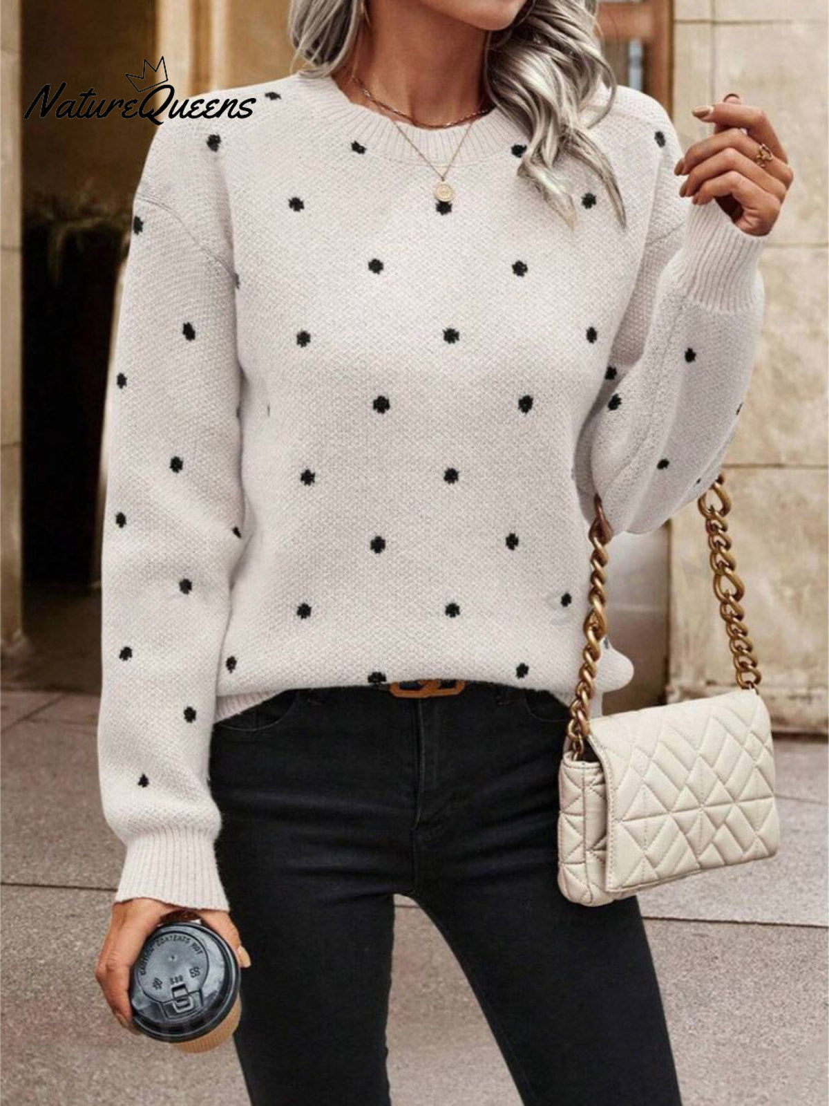 Women's Polka Dot Casual Round Neck Knit Long-sleeved Sweater