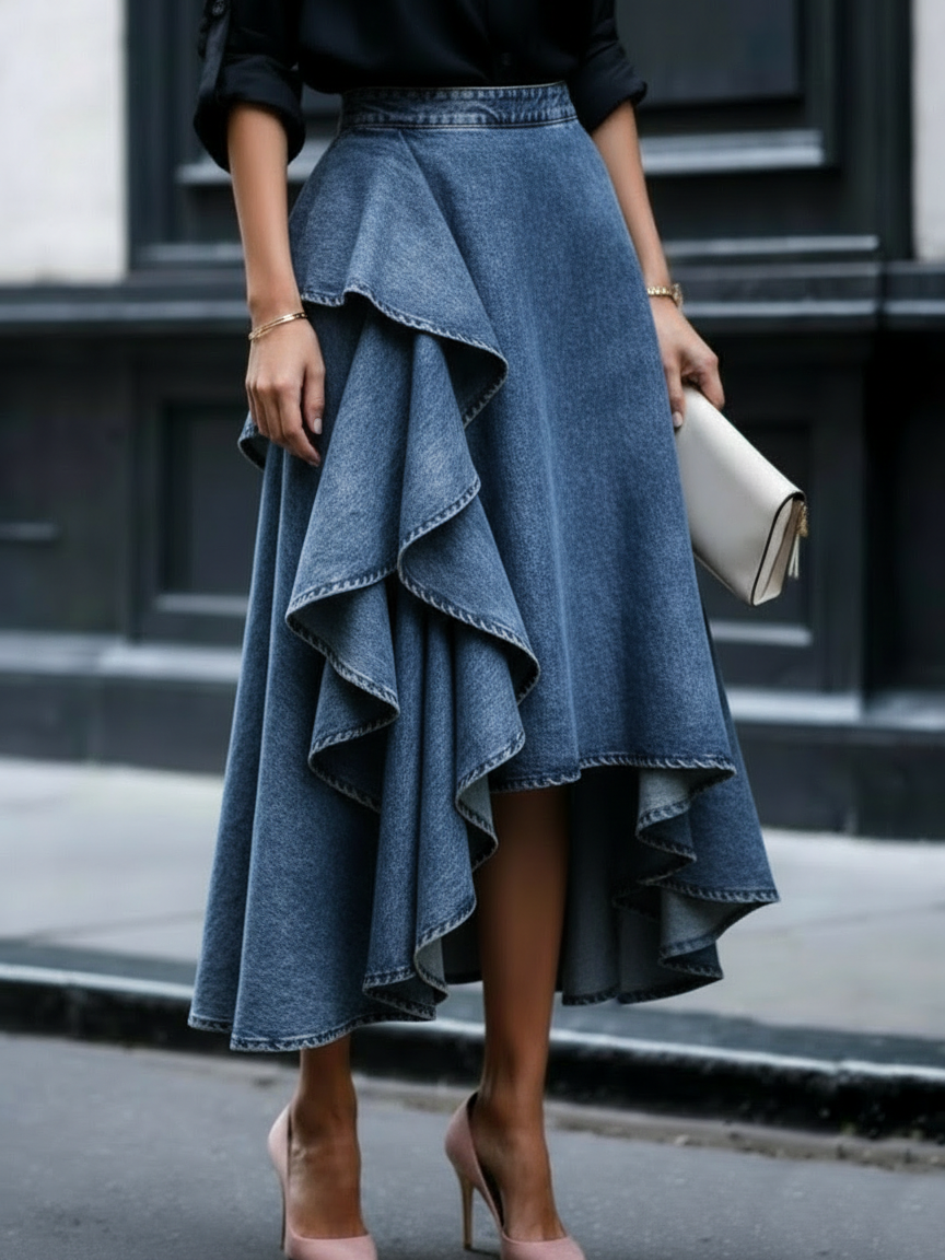 Ruffled Denim Skirt — Elegant Tiered Casual Style