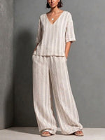 Women's Striped Cotton And Linen Casual Set