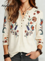 Women's Floral Print Stretch Knit Cotton Henley Top
