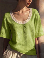Retro Lace-trimmed U-neck Cotton-linen Blouse