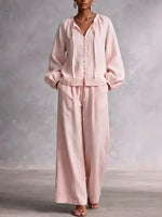 Effortless Chic Summer Linen Set | Women's Tie Neck Puff Sleeve Top & Wide Leg Pants