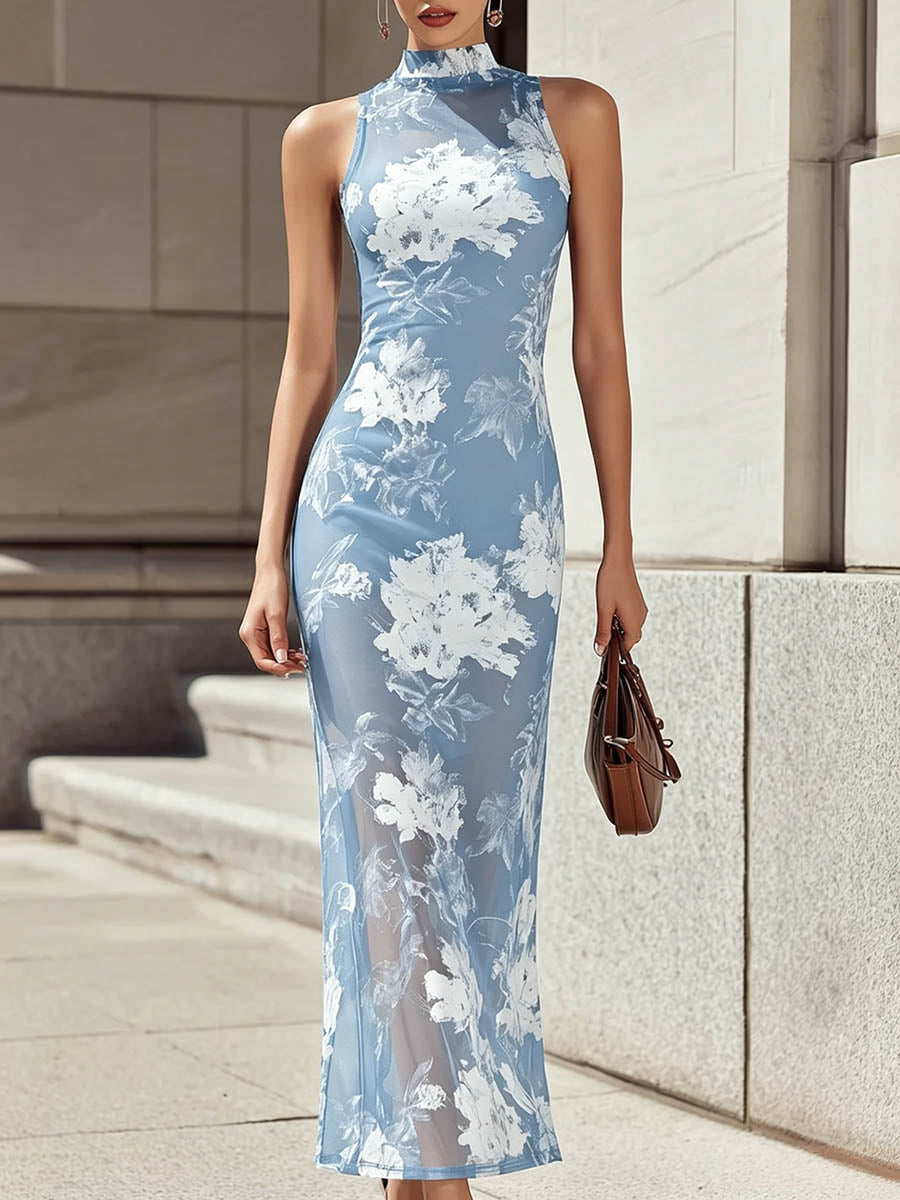 Women's Vintage-print Stand-collar Sleeveless Loose-fit Mesh Casual Dress