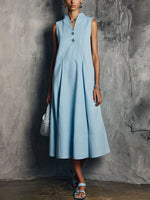 Women's Solid-color V-neck Sleeveless Casual Loose A-line Cotton-linen Dress