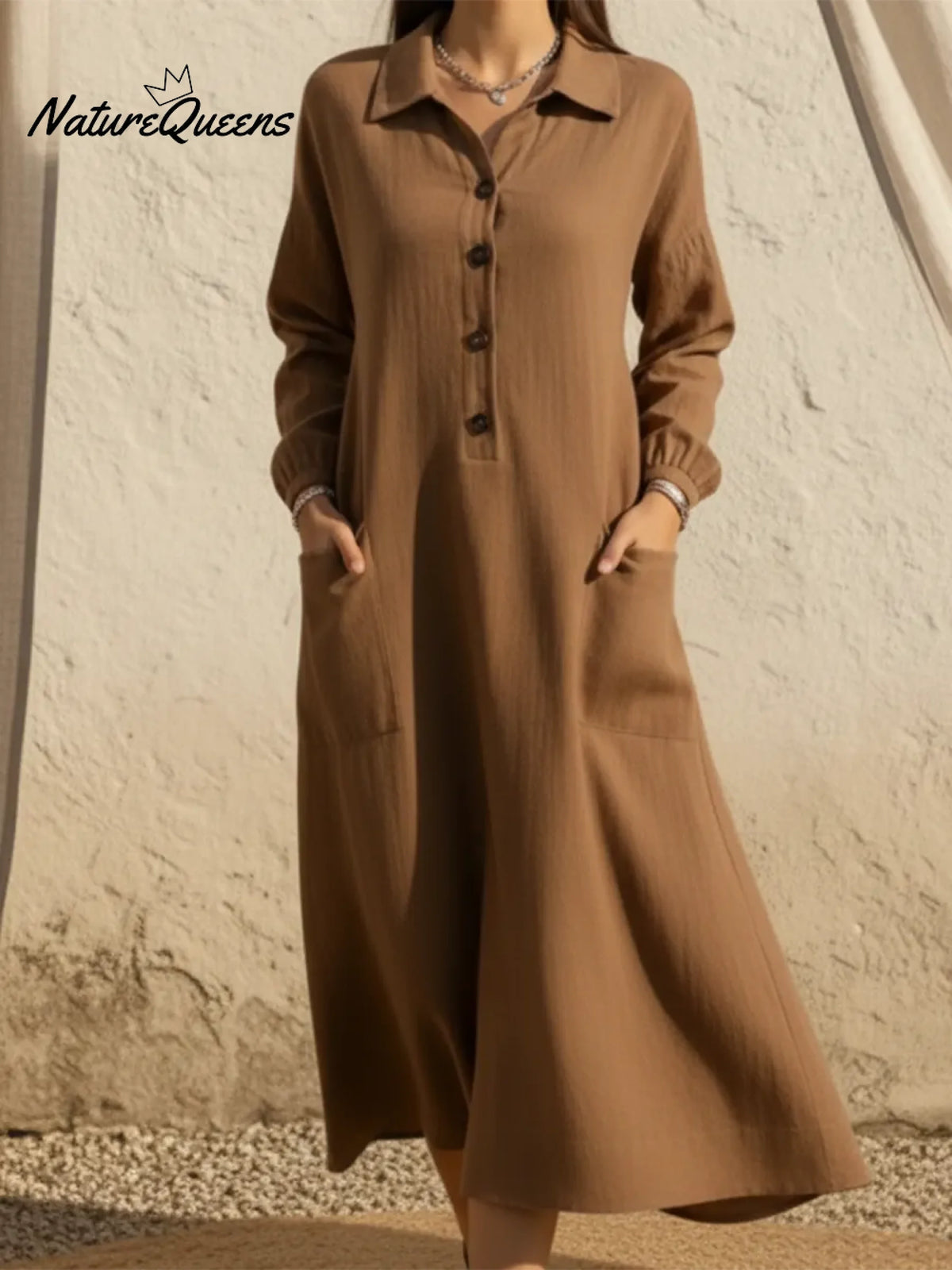 Women's Casual A-line Button Linen Shirt Dress