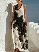Women's Abstract Print V-neck Sleeveless Loose-fit Cotton-linen Casual Dress