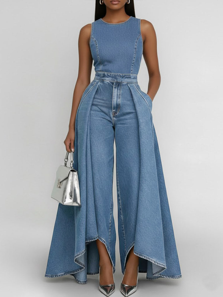 Women's Round Neck Sleeveless Casual Loose Wide-leg Denim Jumpsuit