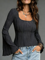 Women's Cotton Linen Solid Color Flared-sleeve Long Sleeves Shirt