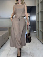 Women's Solid-color Cotton-linen Set: Round-neck Sleeveless Loose-fit Top & High-waisted Loose-fit Skirt