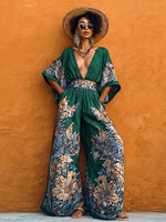 Boho Floral Print V-neck Wide-leg Jumpsuit