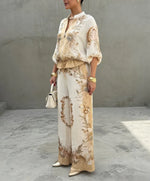 Stylish & Casual Retro-print Two-piece Set: Zip-up Top And Pants