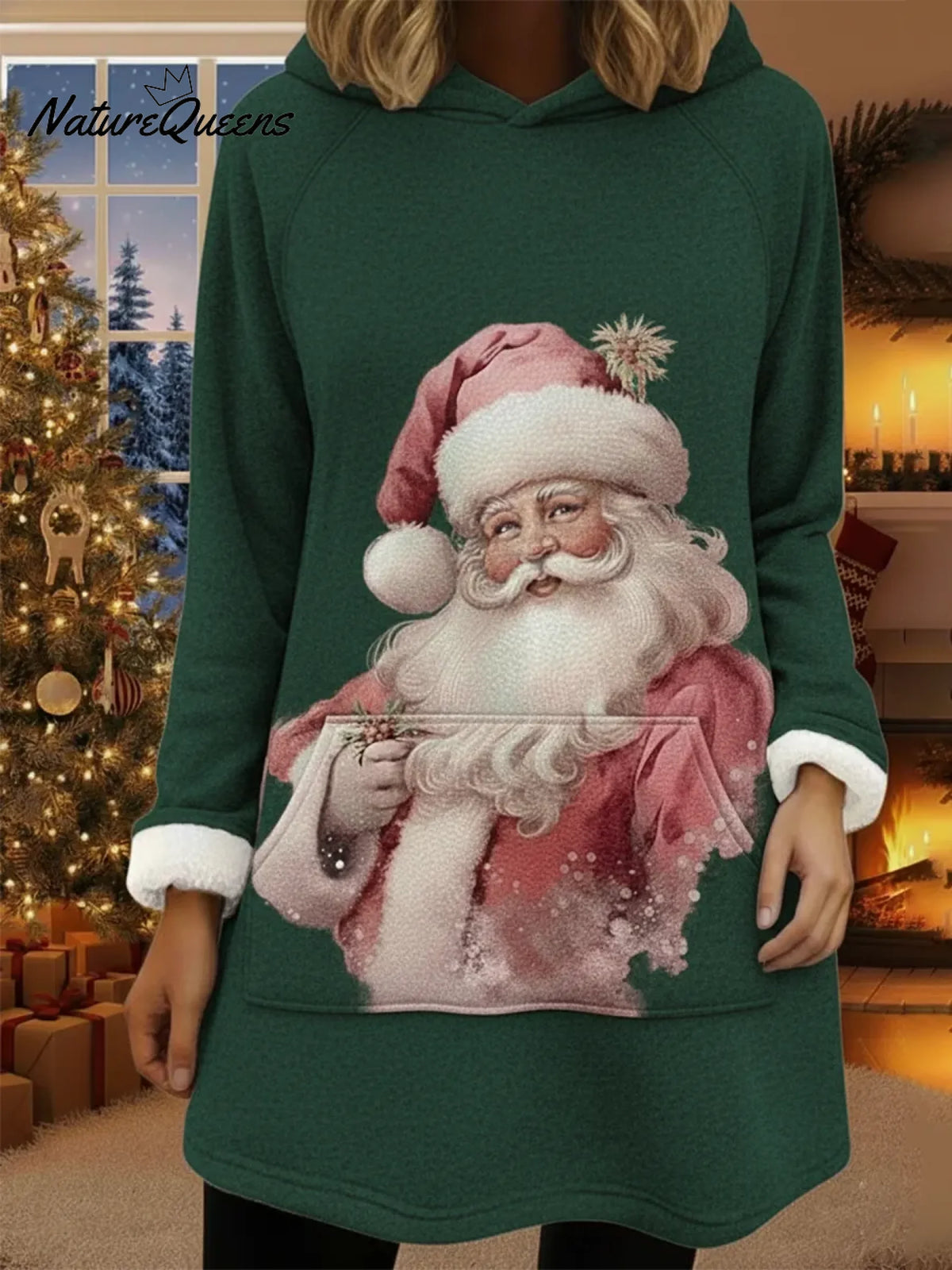 Cute Santa Claus Print Loose Long Hooded Sweatshirt