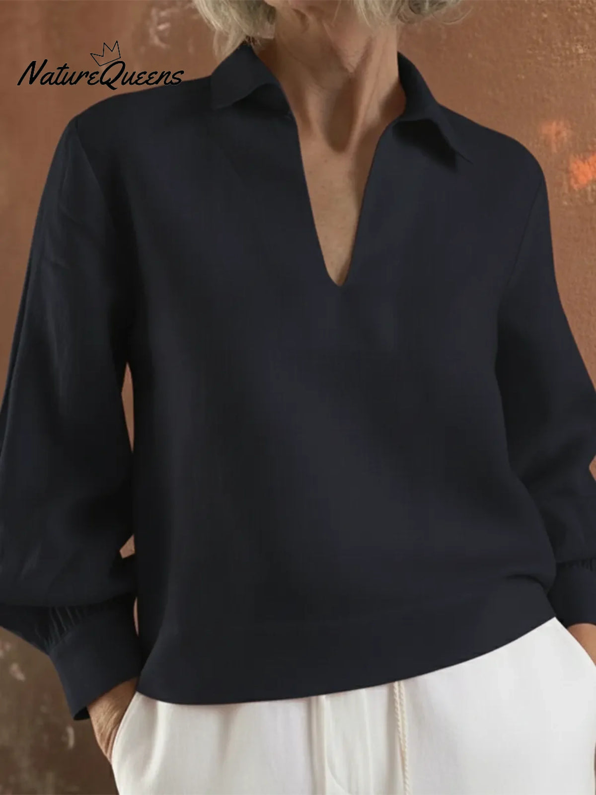Classic Stand-up Collar Lantern Sleeve Linen Shirt Top