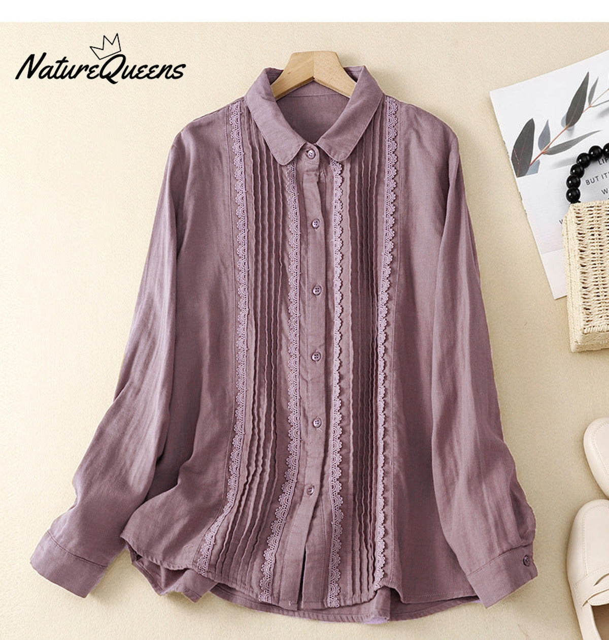 Women's Patchwork Lace Trim Linen And Cotton Pleated Shirt