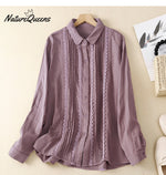 Women's Patchwork Lace Trim Linen And Cotton Pleated Shirt