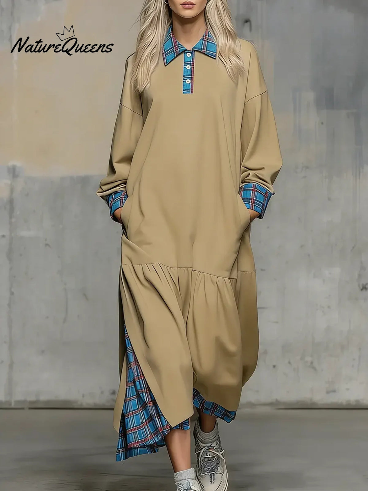 Women's Solid Color Patchwork Plaid Print Shirt Collar Long-sleeved Casual Loose Dress