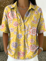 Women's Vintage Botanical Floral Casual Polo Collar Short-sleeved Linen And Cotton Shirt