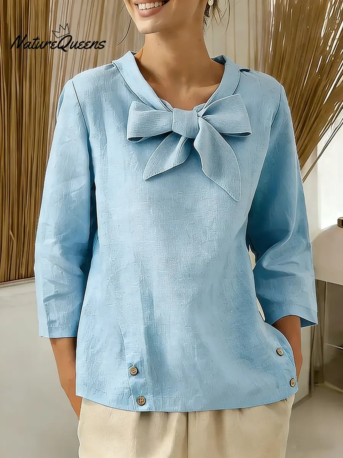 Women's Solid Color V-neck Bow Tie Three-quarter Sleeve Casual Loose Cotton Linen Top