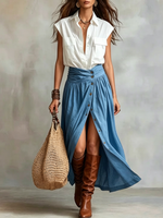 Women's 2 Piece Outfits Casual Summer Short Sleeve Button Down Shirt Blouse With High Waisted Front Slit Long Maxi Skirt Set