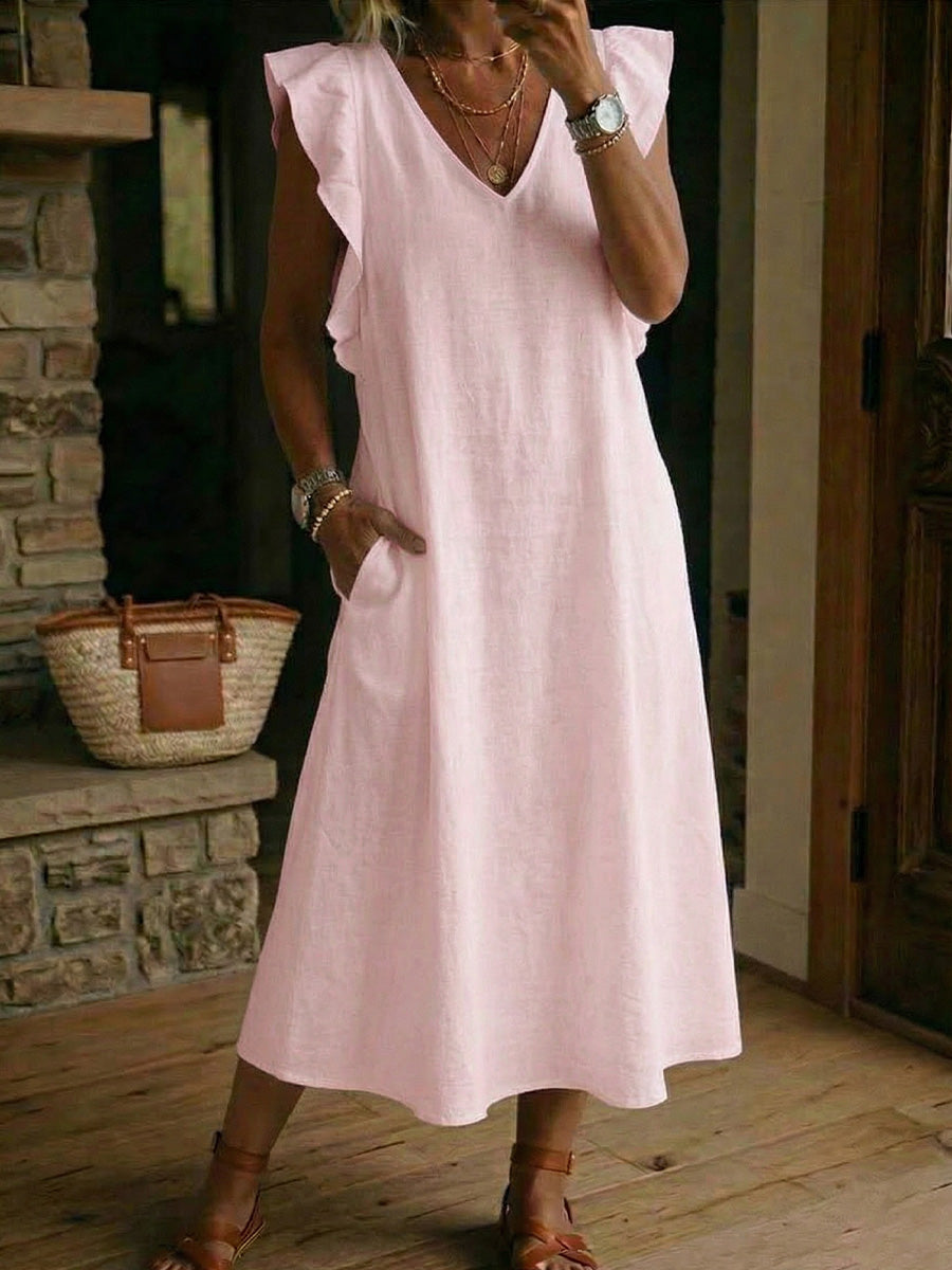 Women's Cotton-linen Back Straps And Flutter Sleeves Dress