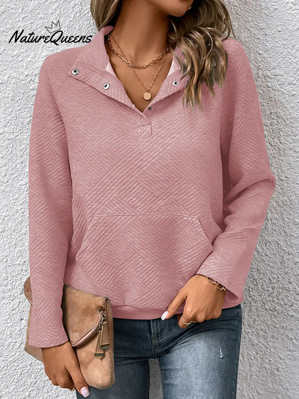 Women's Solid Color V-Neck Long Sleeve Casual Loose Sweatshirt
