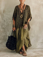 Women's Leopard Print Blouse With Irregular Hem Half Skirt Cotton And Linen Set