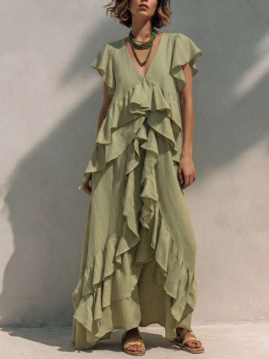 Women's V-neck Short-sleeve Casual Loose Cotton-linen Dress