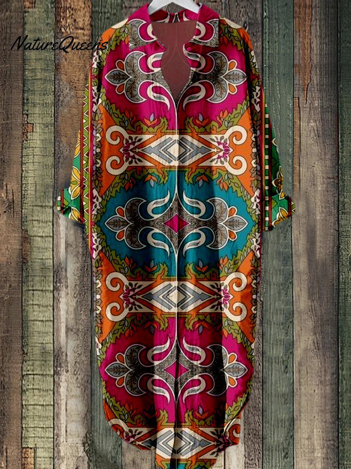 Bohemia Art Imprimé Vintage Chic à manches longues Casual Loose Shirt Dress