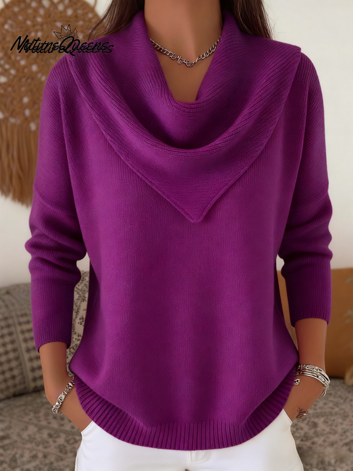 Elegant Retro Soft Triangle Neck Solid Color Sweater Top