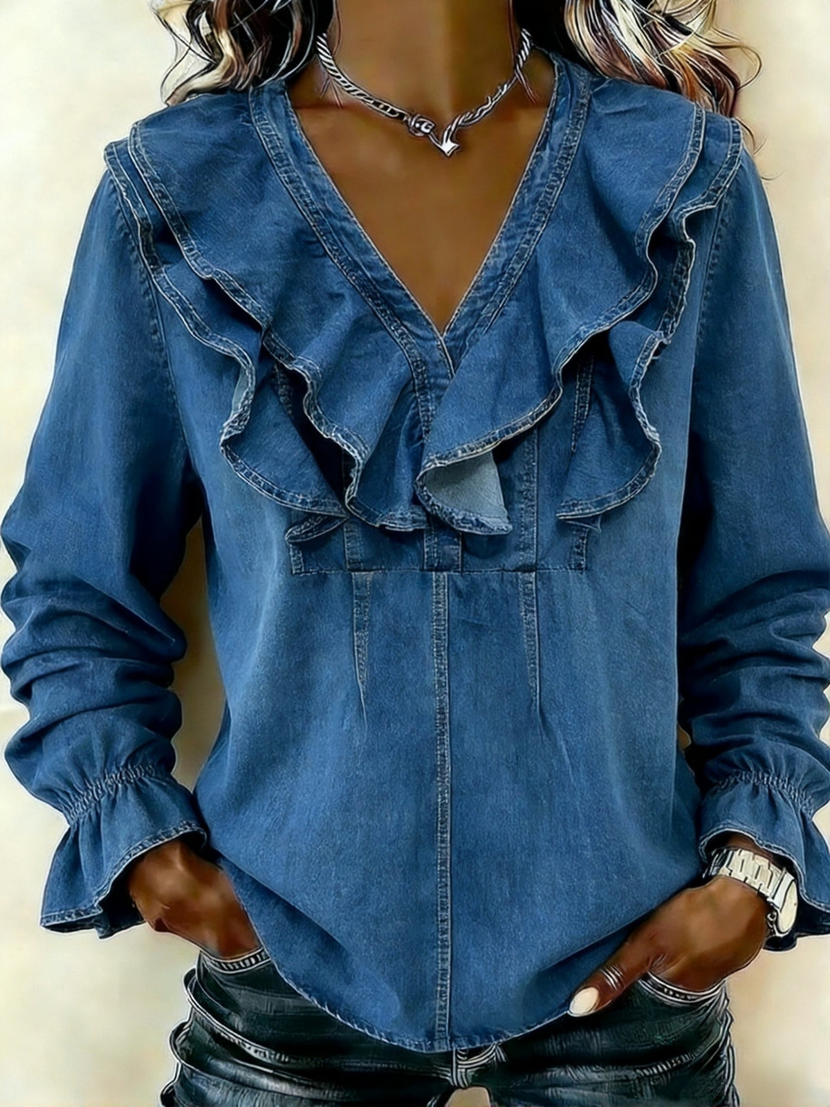 Women's ruffled collar denim shirt