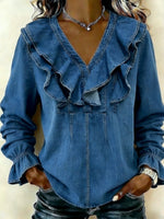 Women's ruffled collar denim shirt