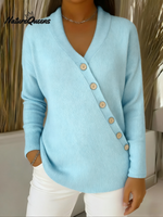 Casual Solid Color V-neck Oblique Button Cardigan Sweater