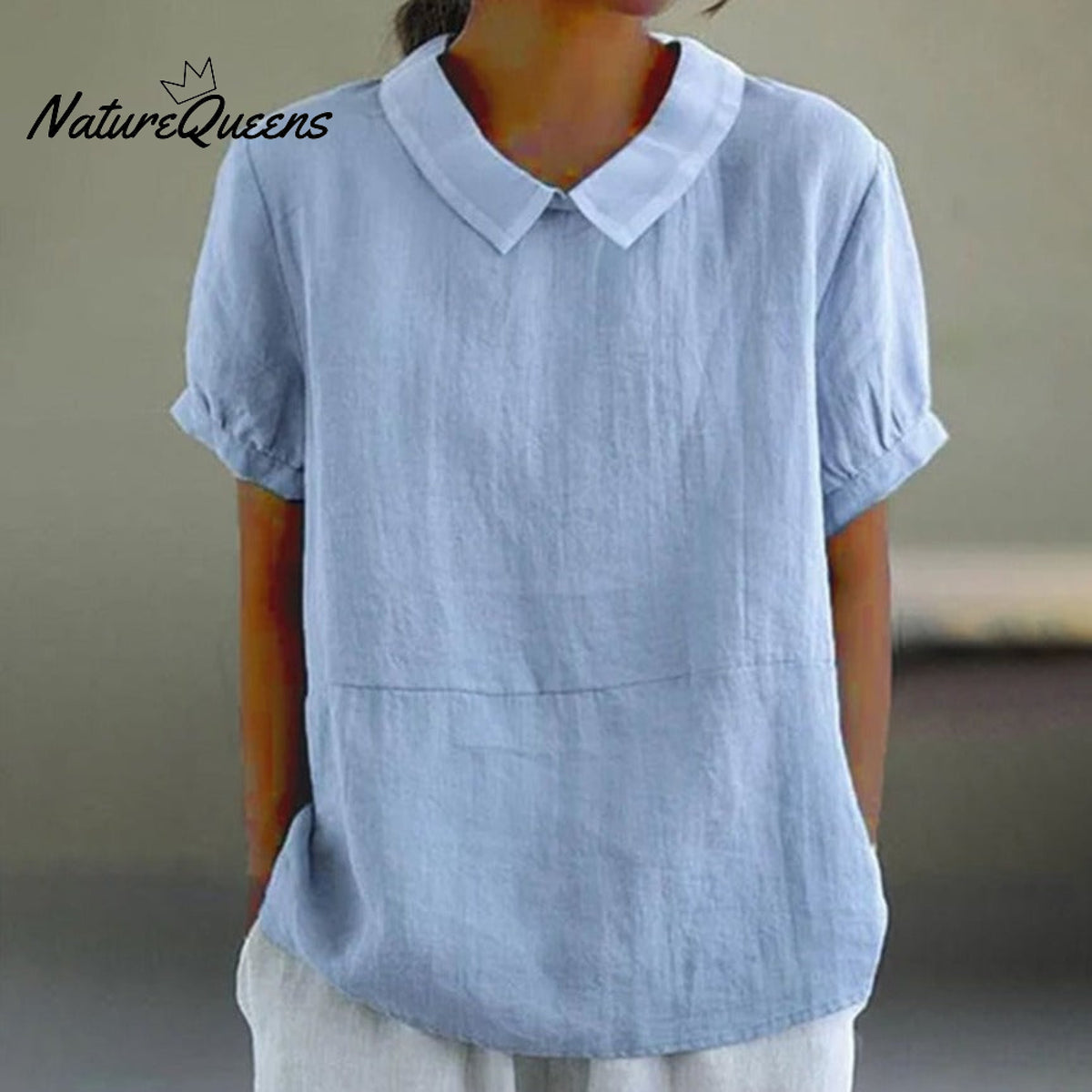 Blue Plain Short Sleeve Round Neck Top
