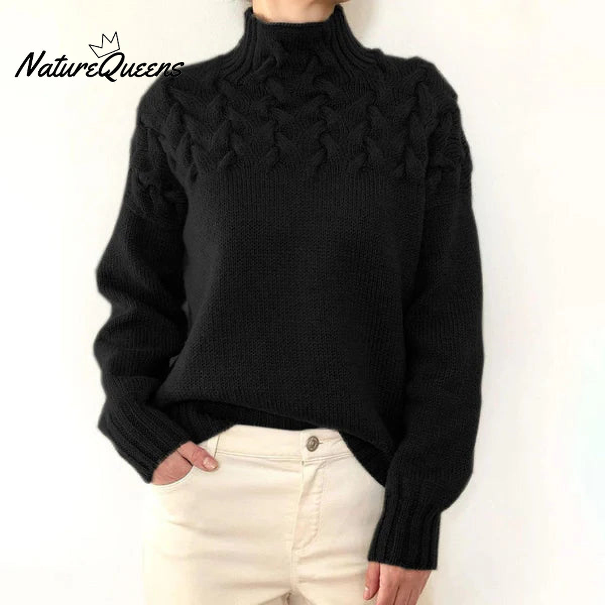 Women’s Braided High-Neck Warm Knit Sweater